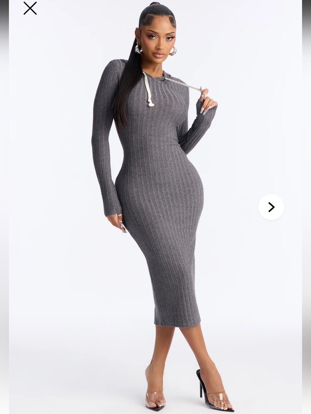 Ribbed Long Sleeve Midi Dress - Gray